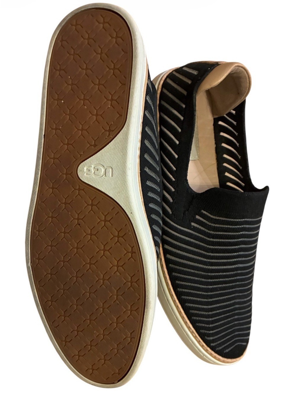 UGG Sz 8 Black Metallic Knit Striped Slip-On Sneakers Leather Trim Shoes Nice! - Picture 5 of 9